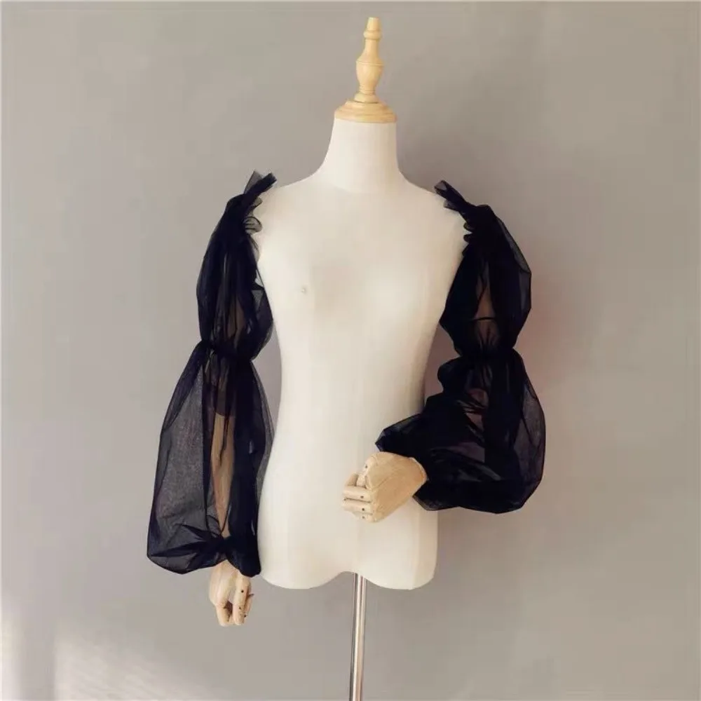 1 par de mangas de brazo transpirables elegantes, mangas finas de linterna de Color sólido, mangas holgadas de malla nupcial para mujer