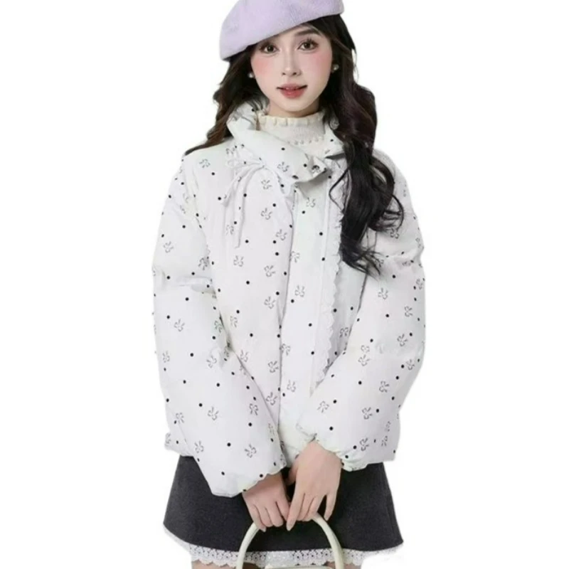 

Floral sweet splicing lace cotton-padded jacket for women's winter 2024 new thickened bow-printed cotton-padded jacket