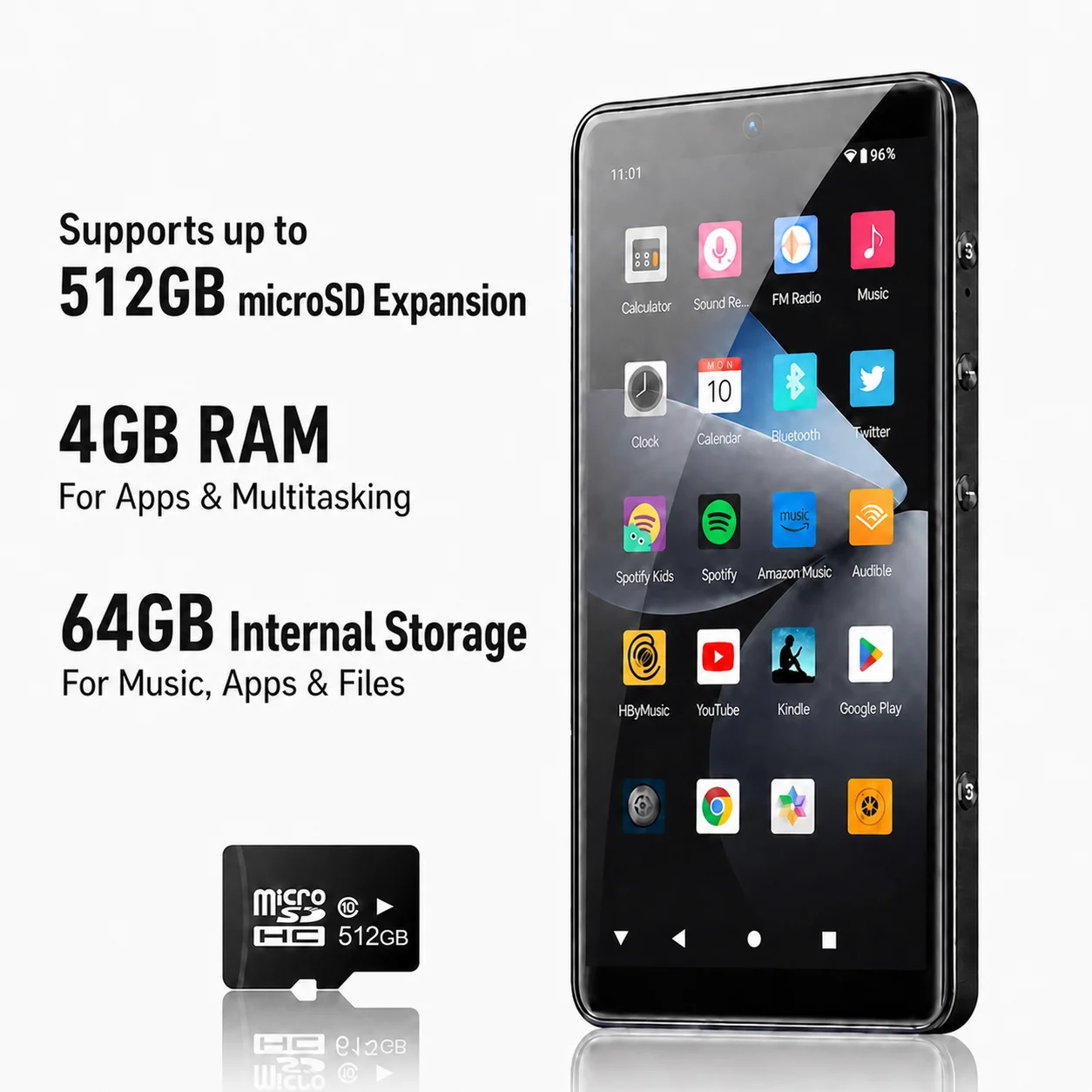 Hifi Walker G7PRO MP3-speler Android 13 MP4 met Bluetooth en WiFi, 128GB, 5,2 inch met speaker en 2 camera's, Spotify, Audible