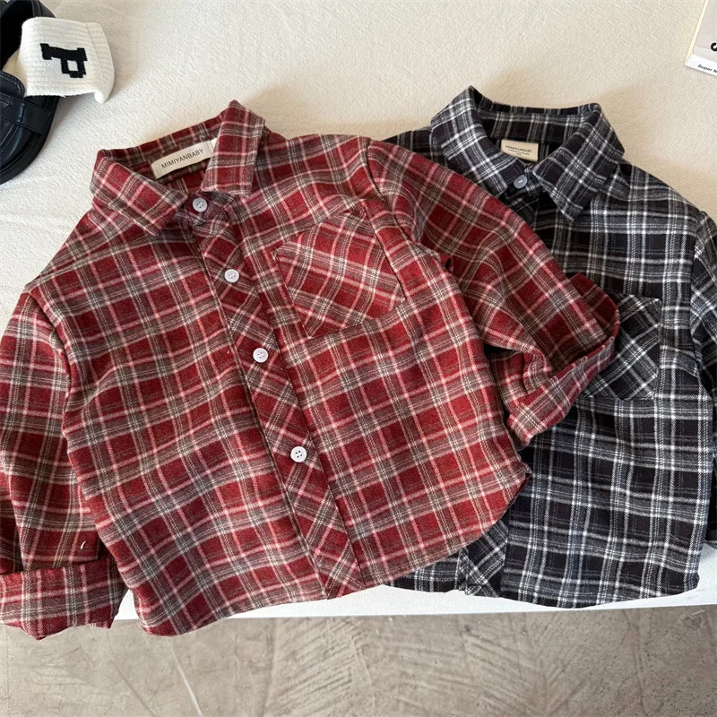 

Детская рубашка, осень 2024, новинка, рубашка в клетку с начесом для мальчиков и девочек, простая детская рубашка-куртка