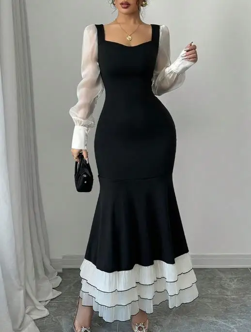 

Tailored Women's Dress with V-Neck and Fashionable Patchwork Mesh, Wrapped In Buttocks and Fishtail, Suitable for Banquets