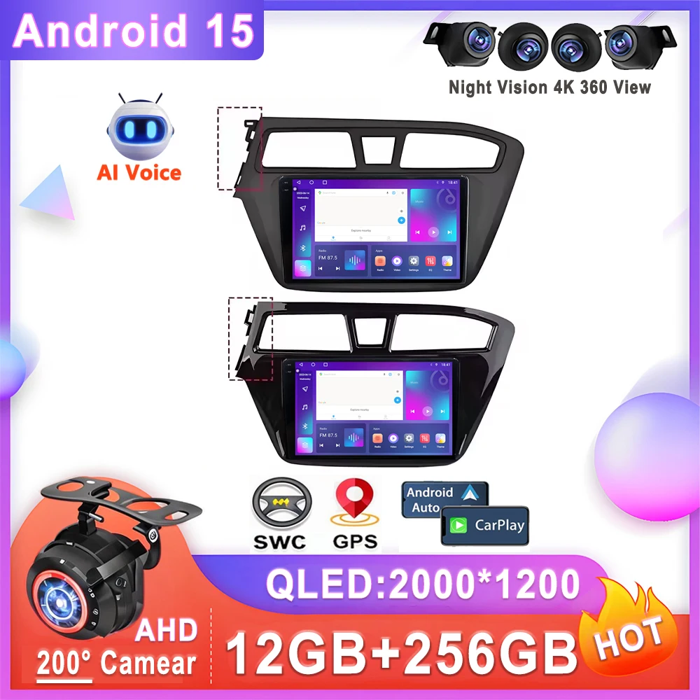 Android 15 Car Stereo For Hyundai i20 2 II GB 2014 - 2018 Stereo Head Unit Multimedia Player No 2din DVD QLED Screen Dash Cam 5G