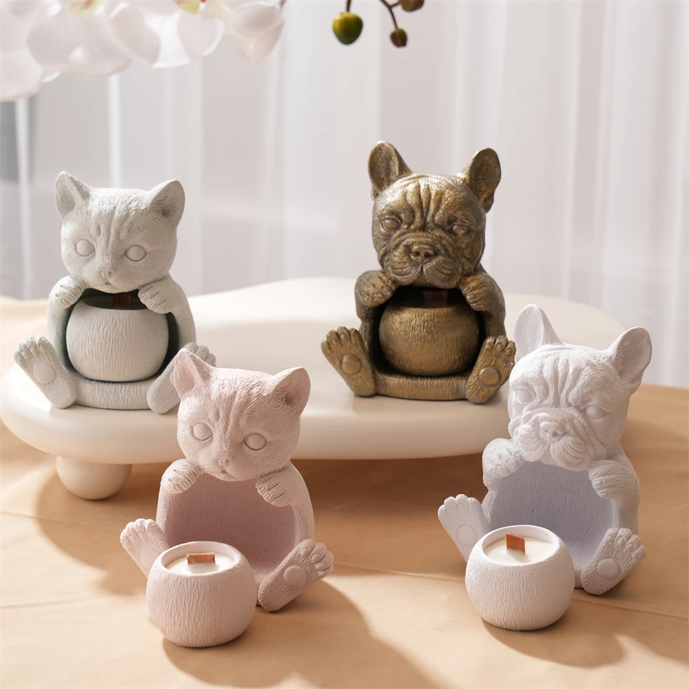 

French Bulldog Puppy Hollow Candle Holder Silicone Mold Concrete Plaster Candlestick Mold Resin Cat Soy Wax Holder Candle Jar