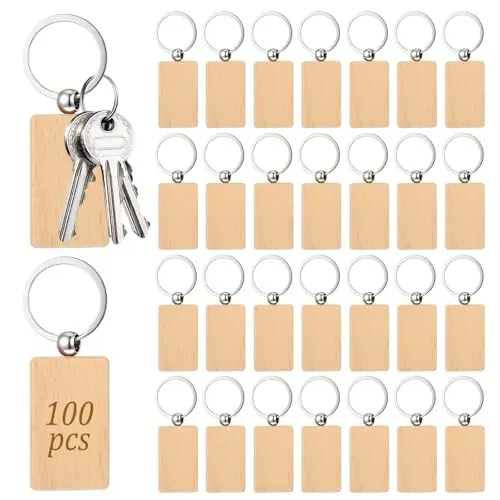 100 Pieces Blank Natural Beech Wood Keychain Rectangle Shape DIY Wooden Key Tags with Metal Ring for Personalized Gifts, Crafts