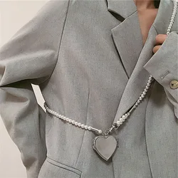 Fashion Long Necklace With Big Mirror Heart Pendant Women 2023 New Statement Pearl Shoudler Chain Personality Jewelry Wholesale