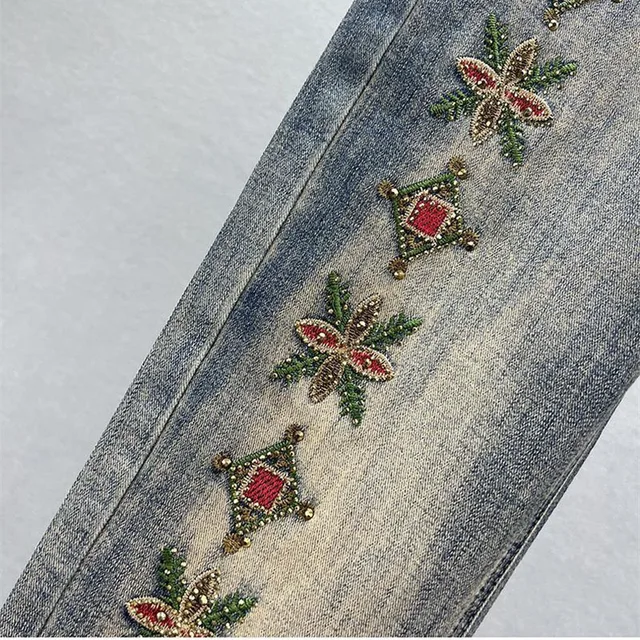New Embroidered Jeans Pants Women's High Waist Slim Hot Drilling Pencil Pants Ladies Casual Elegant Denim Pants Trousers Female 5