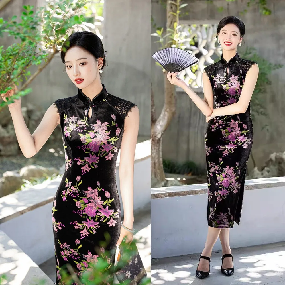 Sexy New Lace Splicing Women Velour Sleeveless Long Cheongsam Vintage Chinese Traditional Evening Party Dress Floral Print Qipao