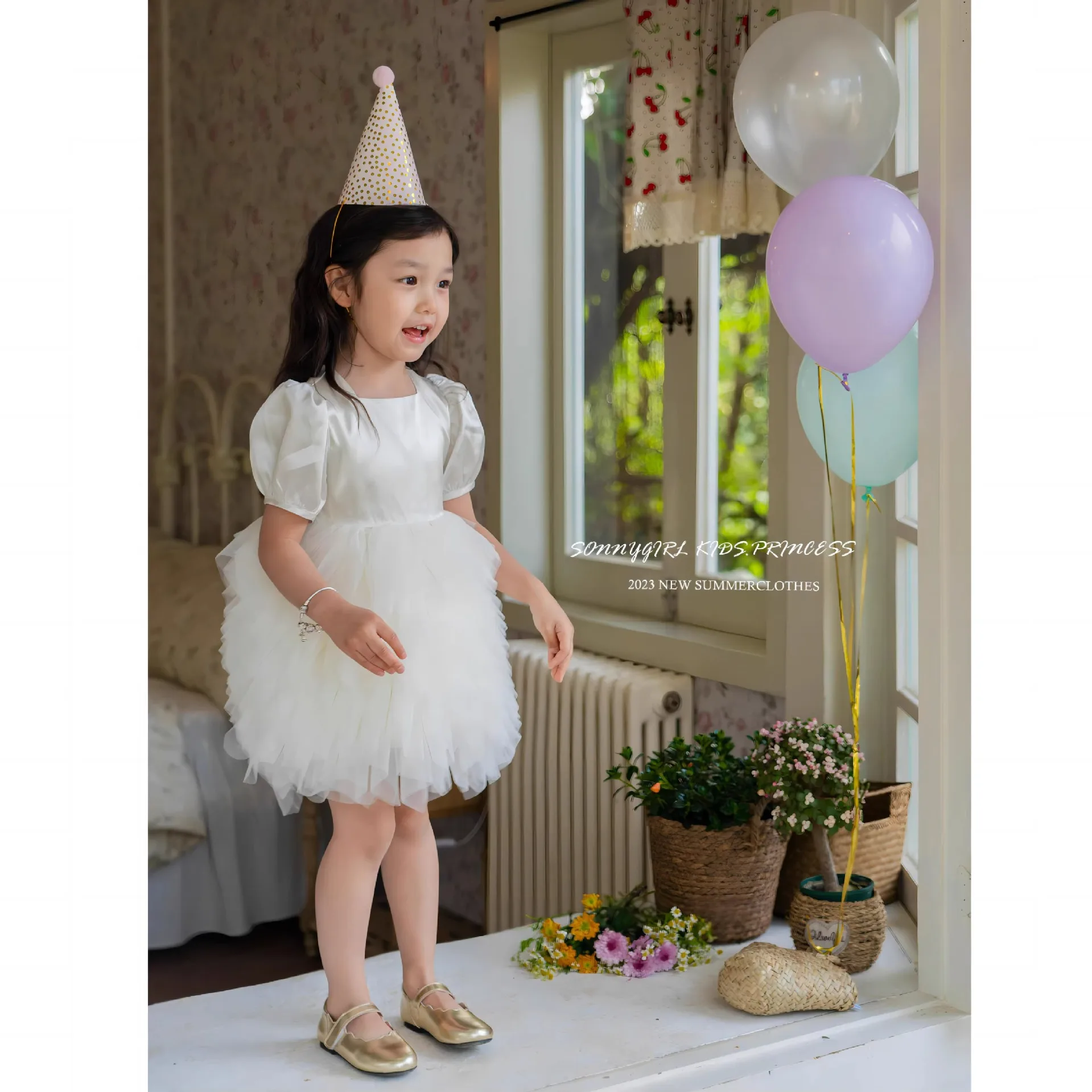 Puff Sleeve Tulle Tutu Girl Dress - White Flower Girl Dress Birthday Princess Formal Gown First Communion