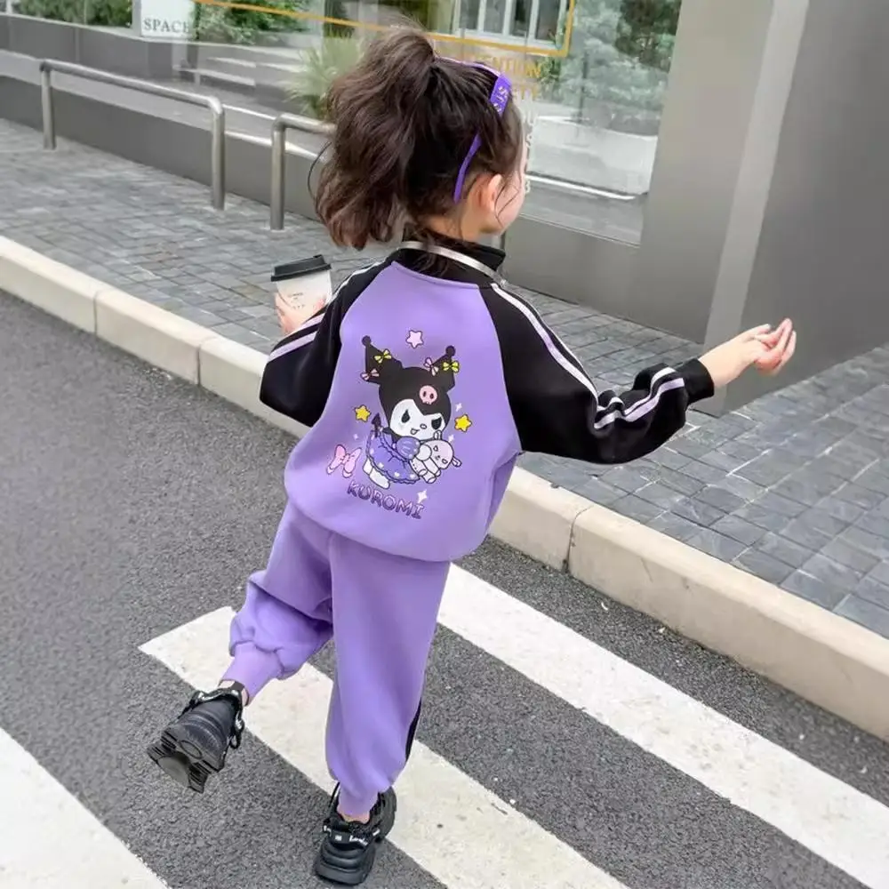 Autumn Kawaii Kuromi Girl Sports Set Cartoon Coat Pants Outdoors Sanrio Anime Kids Sweat Set Zipper Baseball Jersey Sports Pants