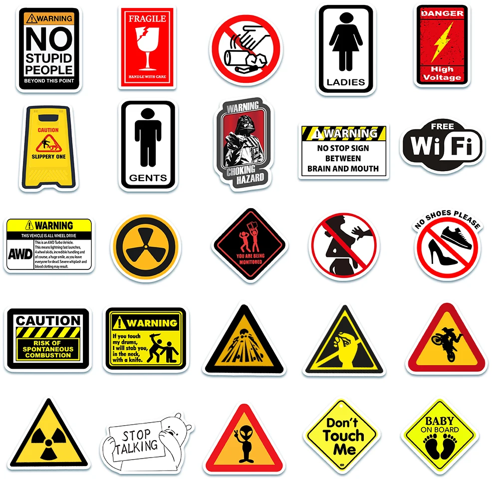 50pcs Funny Warning Stickers Danger Banning Sign Viny Decal Car Scooter Motorcycle Suitcase Violation Sticker Classic Toy