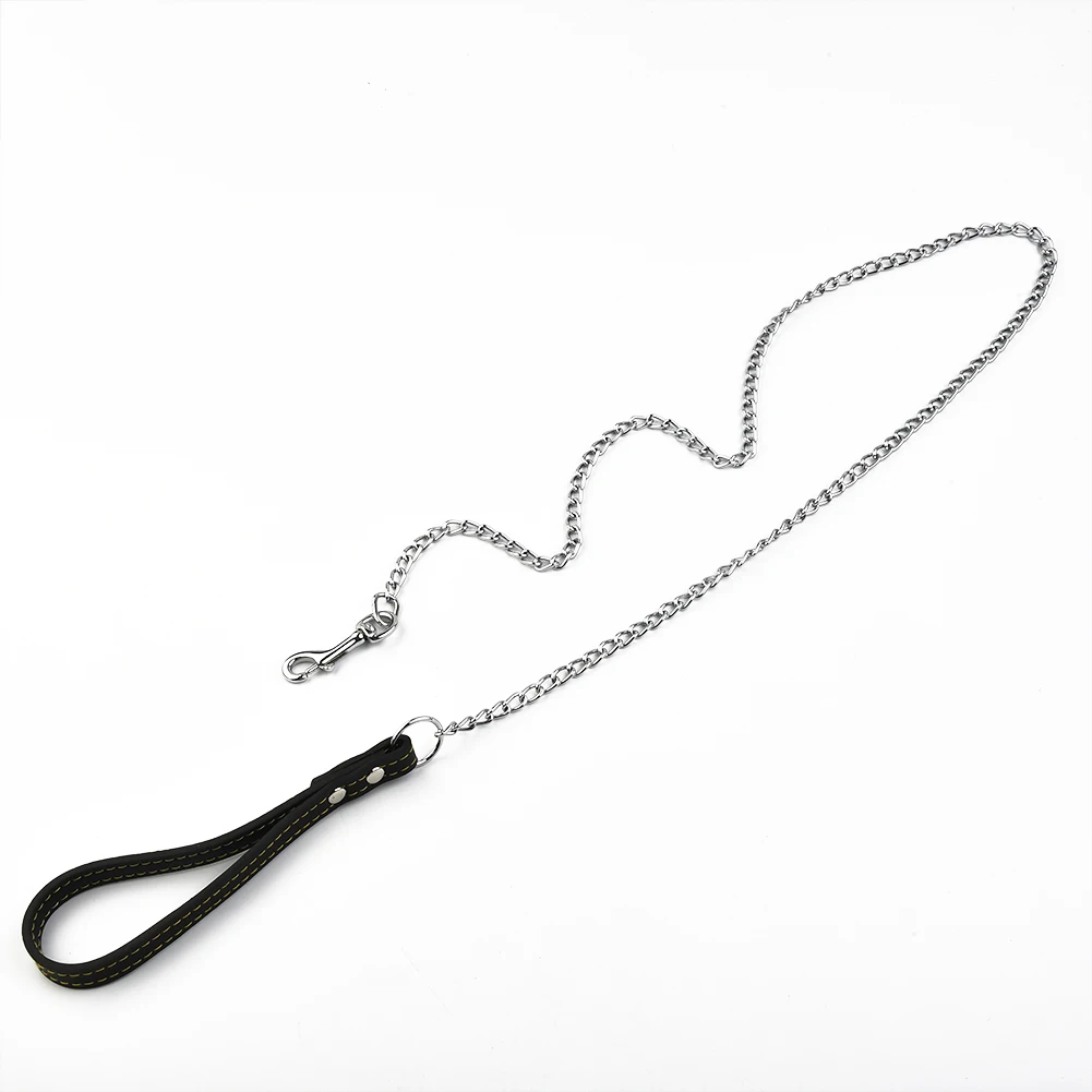 Reliable Metal Chain Dog Leash with Comfortable Leather Handle Secure Control for Strong and Active Energetic Pets