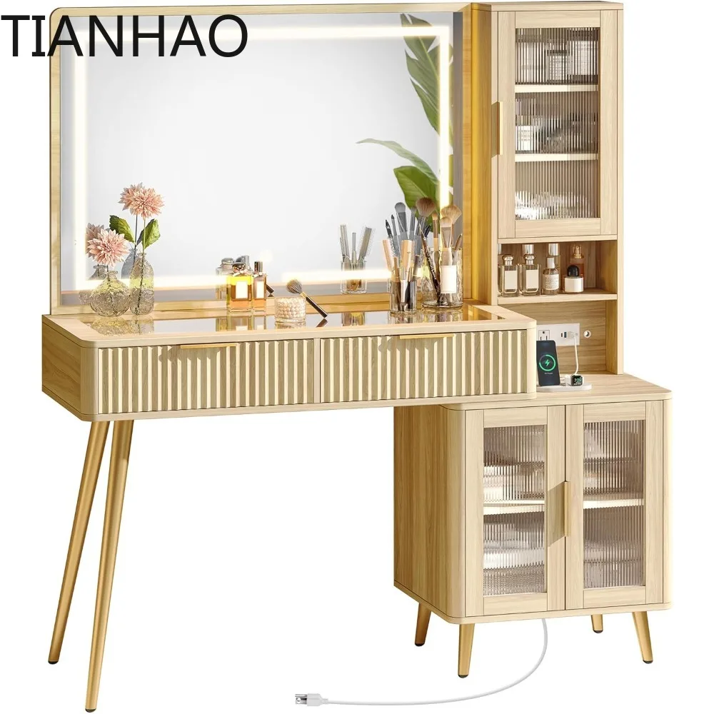 47.2'' Big Makeup Vanity Desk with 35” LED Lighted Mirror and Power Outlets, Fluted Large Vanity with Glass Top, 2 Drawers
