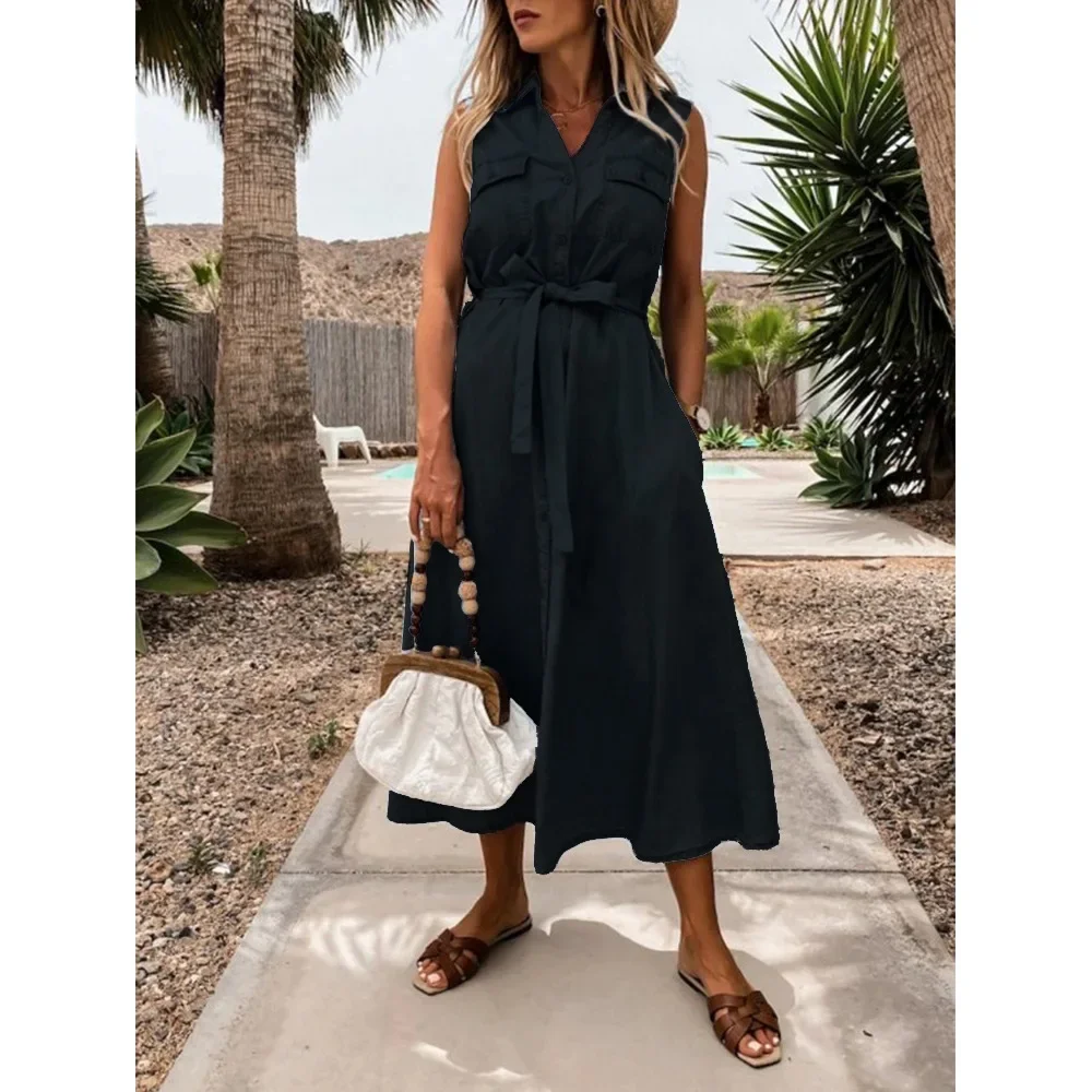 

Women Denim Dresses Single Breasted Button Solid Color Dress Turn Down Collar Belt Sleeveless Pockets High Street Slim Vestidos