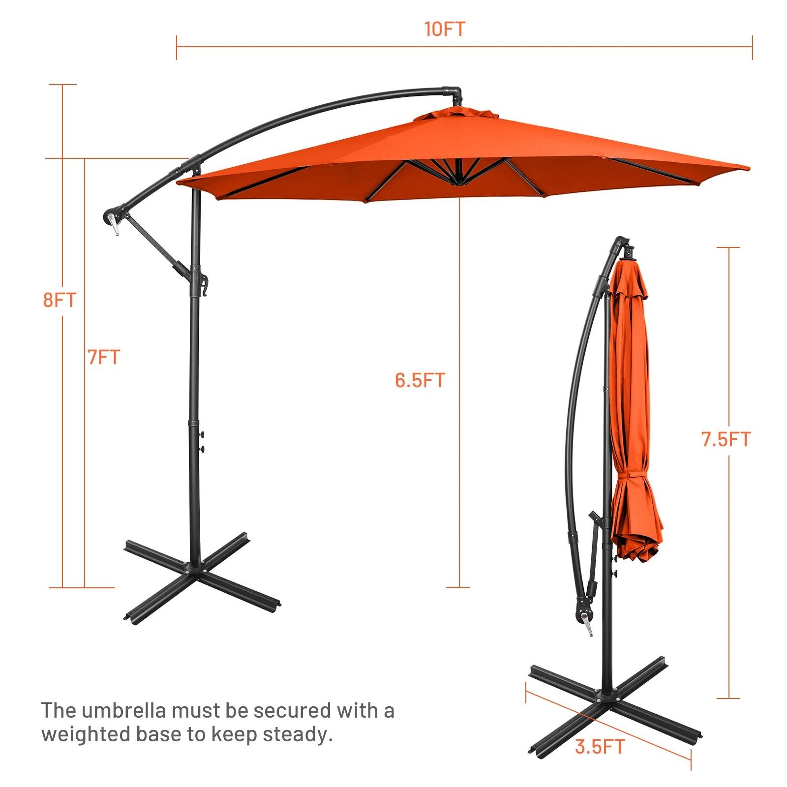 10 FT Patio Offset Umbrella w/8 Ribs Cross Base Tilt Orange