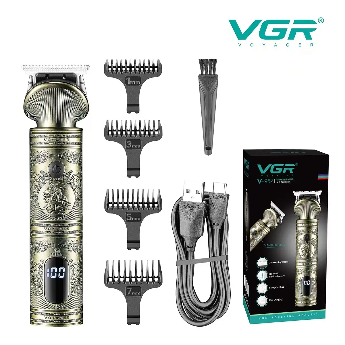 VGR-V962 New Design Metal Beard Usb Charging Barber Trimmer Professional Cordless Hair Clipper Rechargeable LED Displa For Men