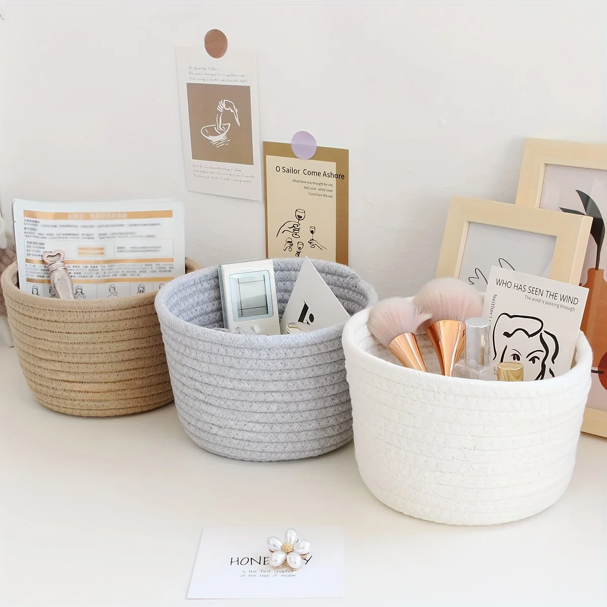 Cute Storage Baskets Desktop Sundries Storage Basket Cosmetics Snack Porch Hand-Woven Cotton Thread Basket Stylish Home Decor