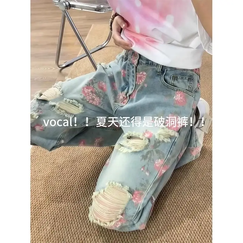 Rose bedrukte jeans met gaten voor dames zomer Amerikaanse vintage trendy high street micro flare broek met rechte pijpen unisex Y2k broek