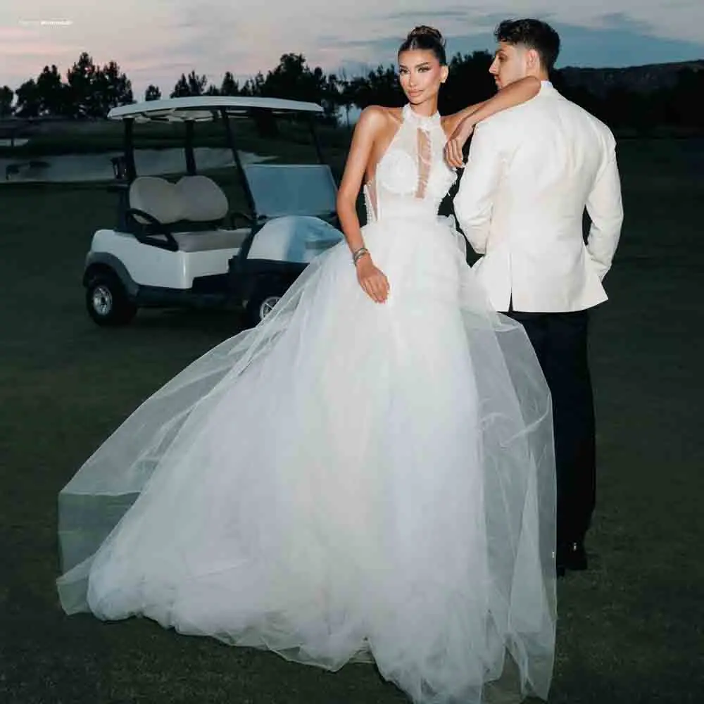 Customized Halter Neck A‑Line Wedding Dress 3D Floral Beaded Bodice Bridal Gown Keyhole Front Open Back Tulle vestidos de novia