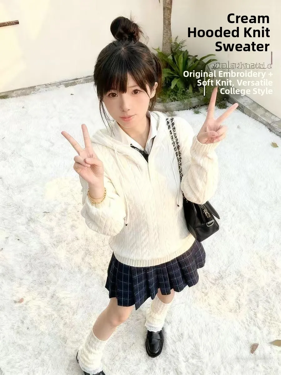 

Осенне-зимний вязаный длинный свитер с капюшоном для колледжа JK orm Lazy Twist, антивозрастное повседневное волокно из полиэфирного волокна