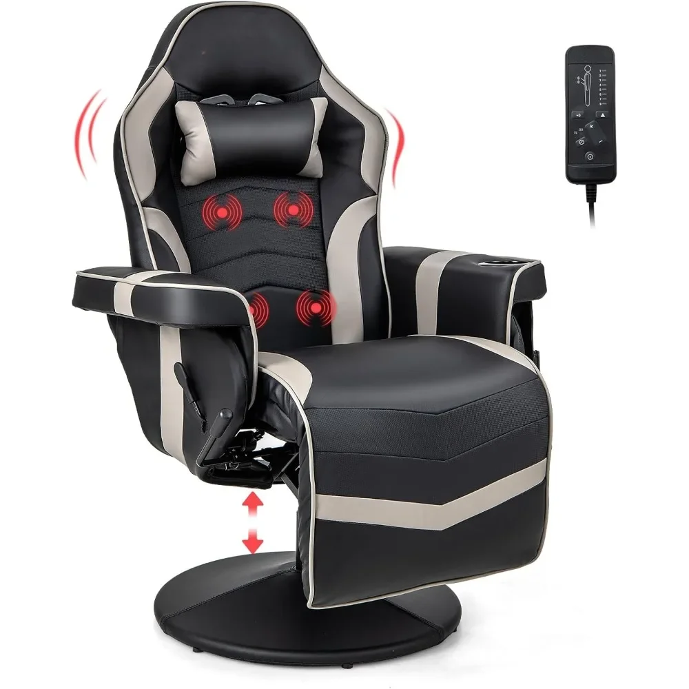 

Gaming Chair, Height Adjustable Massage Video Game Chair with Retractable Footrest, Cup Holder, Headrest, Swivel Office Chair