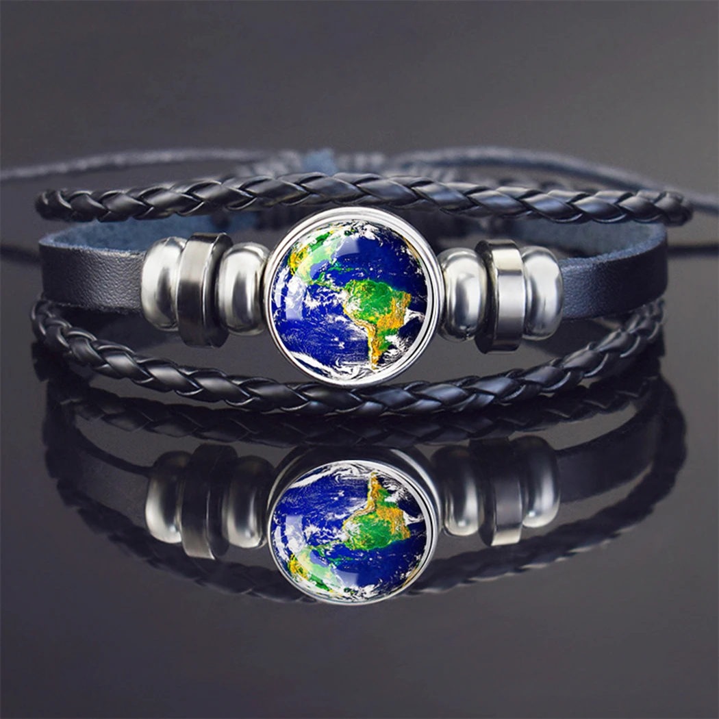 Planet Pattern Black Leather Bracelet Cosmos Solar System and Outer Space Snap Fastener Glass Dome Woven Adjustable Bracelet