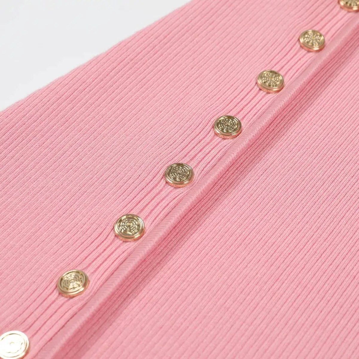 LEOSOXS فساتين محبوكة قصيرة وردية اللون رقبة دائرية وزر كعكة التنانير قصيرة الأكمام فستان صيفي نحيف جودة عالية الملابس النسائية 2025