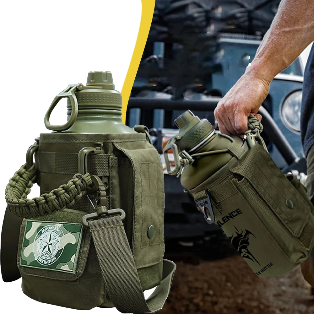 

Tactical Water Bottle Portable Crossbody Large Capacity Thermos Bottle Stainless Steel Car Warm Water Bottle for Hunting Camping