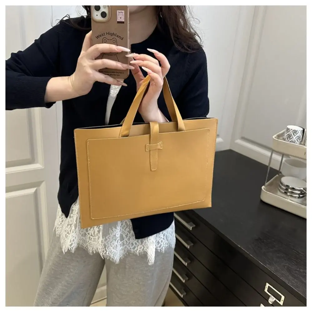 Tas Tote File Warna Solid Sederhana Tas Kantor Kulit PU Tas Tangan Laptop Kasual Bisnis Travel