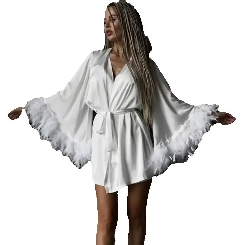 Shorts Nightgown Three-piece Set, Imitation Silk, Loungewear, Feather Pajamas