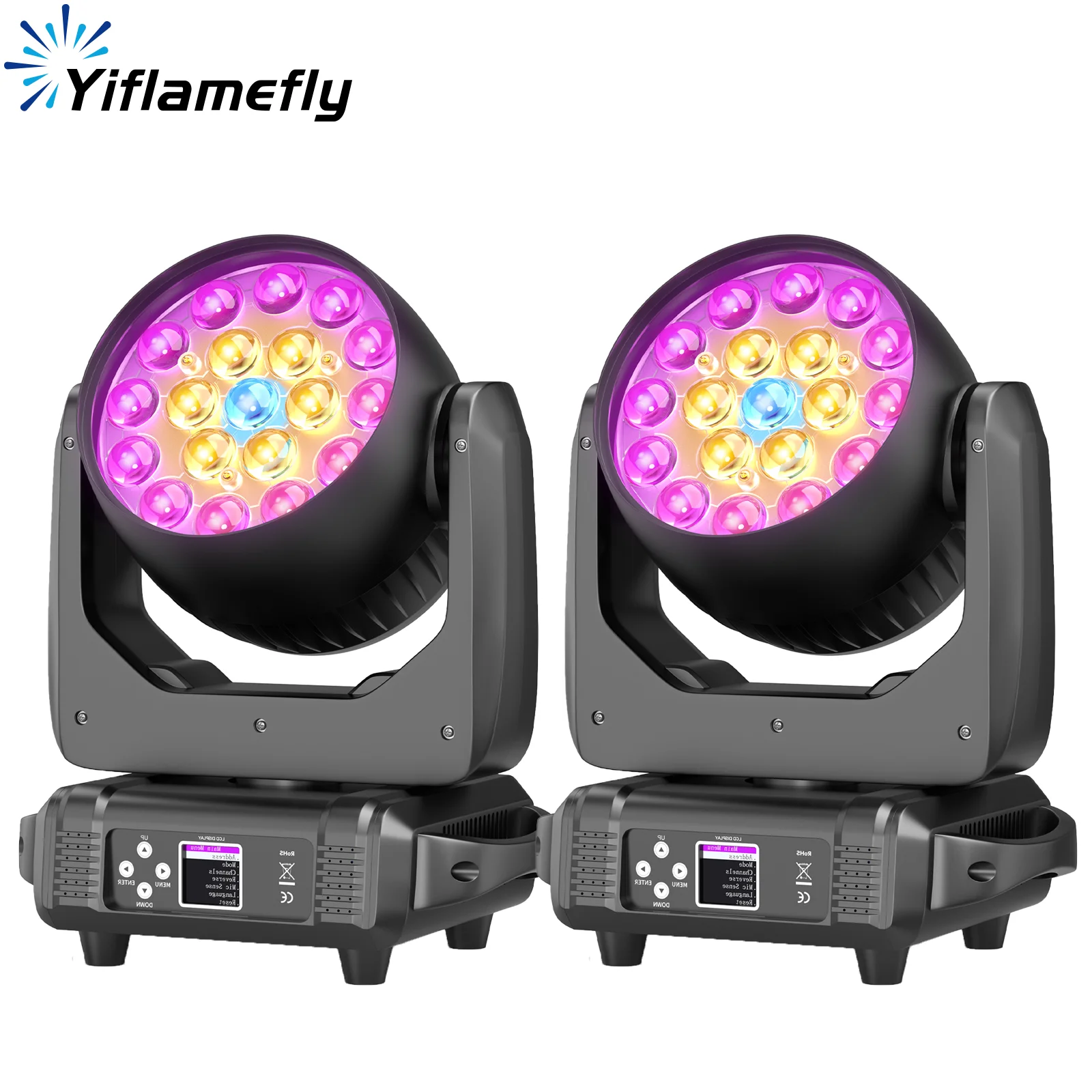 

Yiflamefly 2 шт. движущиеся головные фонари с 19X15W RGBW светодиодный DMX512 сценический светильник для DJ караоке танцевальный зал KTV диско-бара сценическое освещение