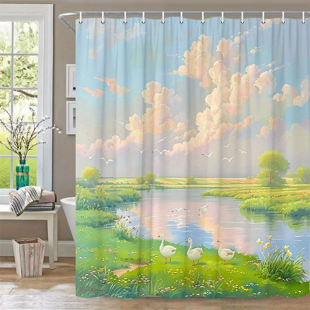 

1 шт. очень большая занавеска для душа - пастельная сцена в виде утки с белыми утками, полевыми цветами, зелеными полями и розовыми облаками - машинная стирка