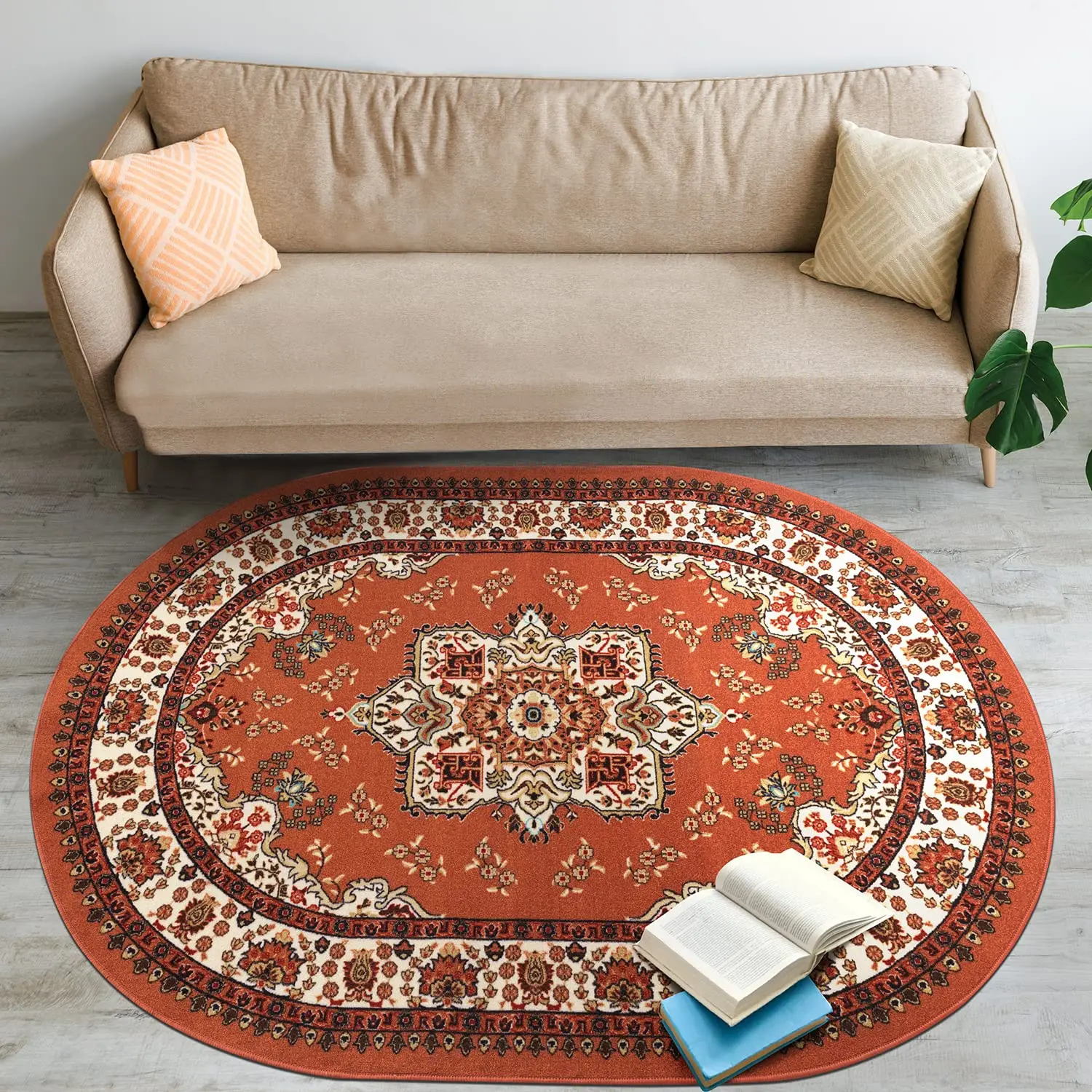 VIKAMA Boho Soft Oval Area Rugs Non-Slip Low Pile Rubber Backing Indoor Mat Carpet For Door Entrance Home Dinner Room Decoration