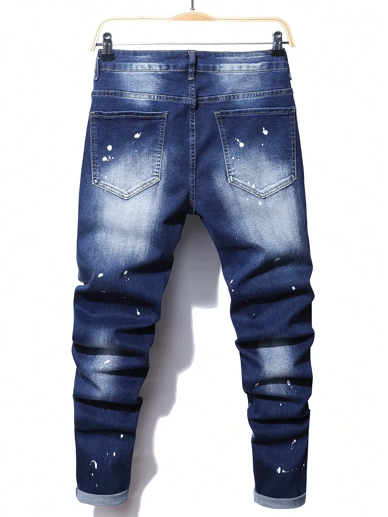 Men High Stretch Skinny Jeans Paint Splatter Ripped Distressed Frayed Destroyed Denim Pants Hip Hop Streetwear Trousers