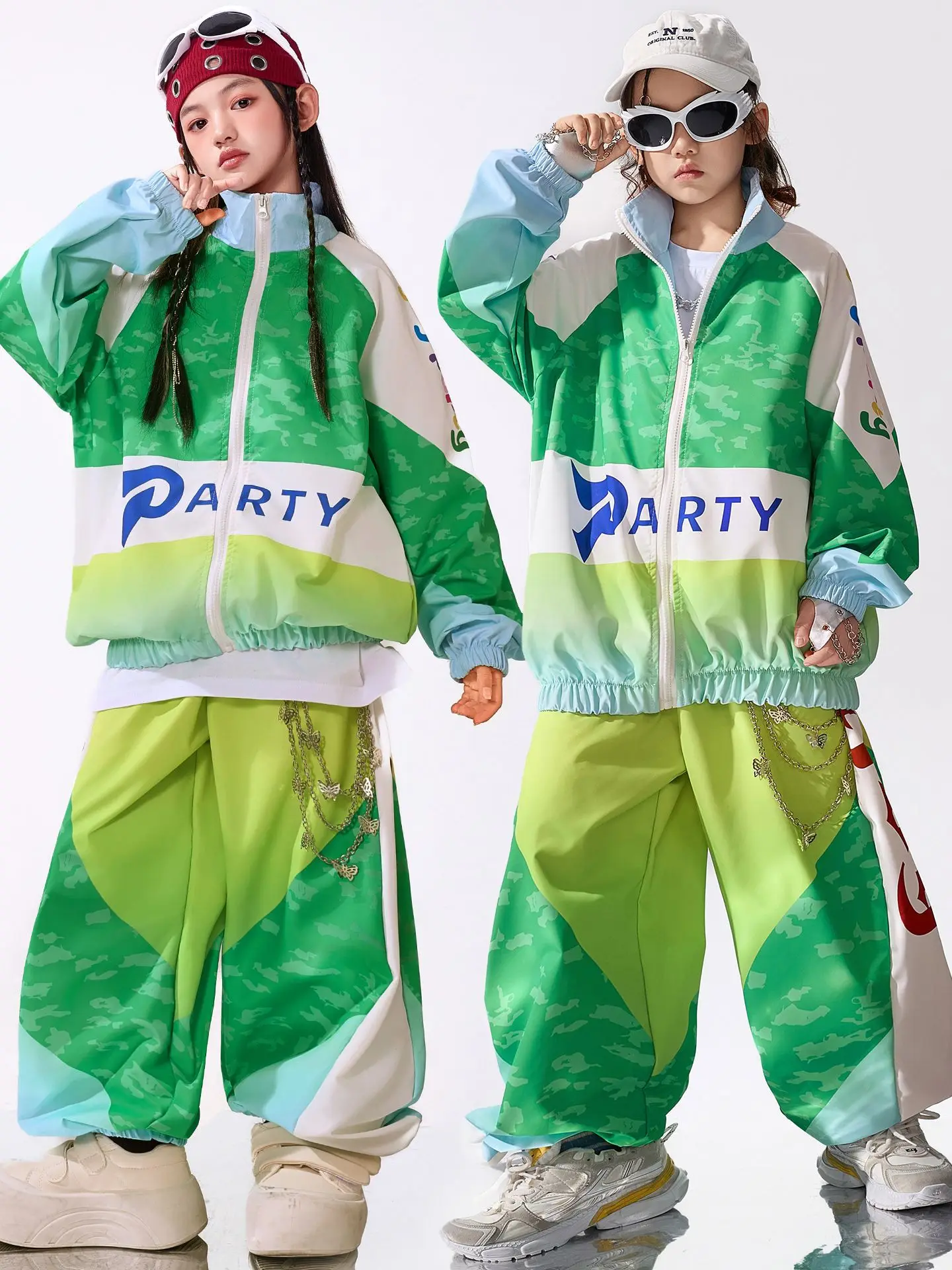 십대 녹색 스포츠 정장 헐렁한 힙합 의류 긴 소매 코트 바지 소년 소녀 가을 겨울 거리 댄스 의상