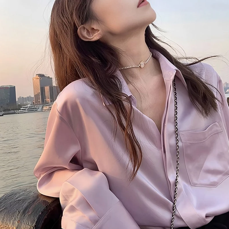 

Elegant Satin One Pocket Women's Blouse Spring Autumn 2025 New Long Sleeve Single Breasted Casual Loose Office Shirts Female