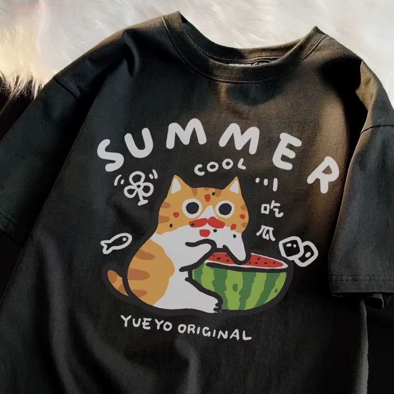 Korean Style Loose T-shirt with Watermelon Cat Print Casual Versatile Top Suitable for Men and Women Graphic T-shirt Breathable