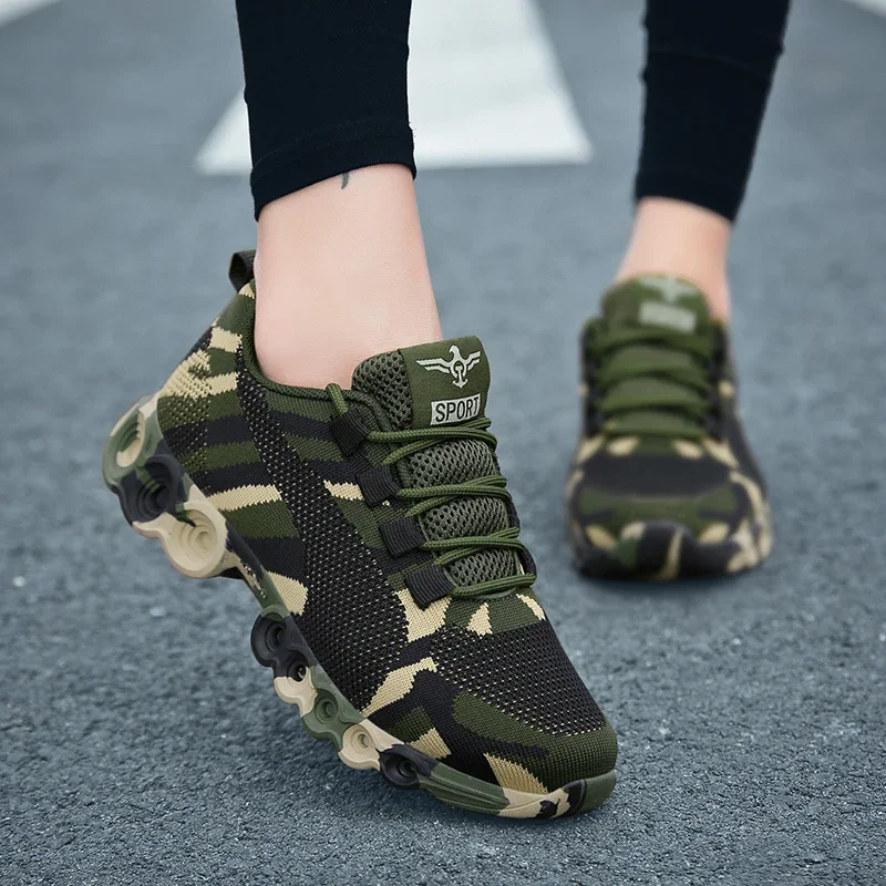 

Women's Camo Running Sneakers - Lightweight, Breathable, Durable Fly Weave - Fashionable Lace-up Design for Outdoor Activities