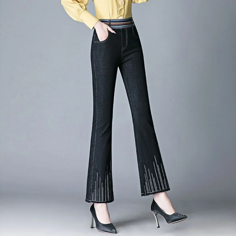 Spring Summer Fashion Korean Simple Casual Flare Jeans Women New Solid Wash Elastic High Waist Embroidery Straight Cropped Pants