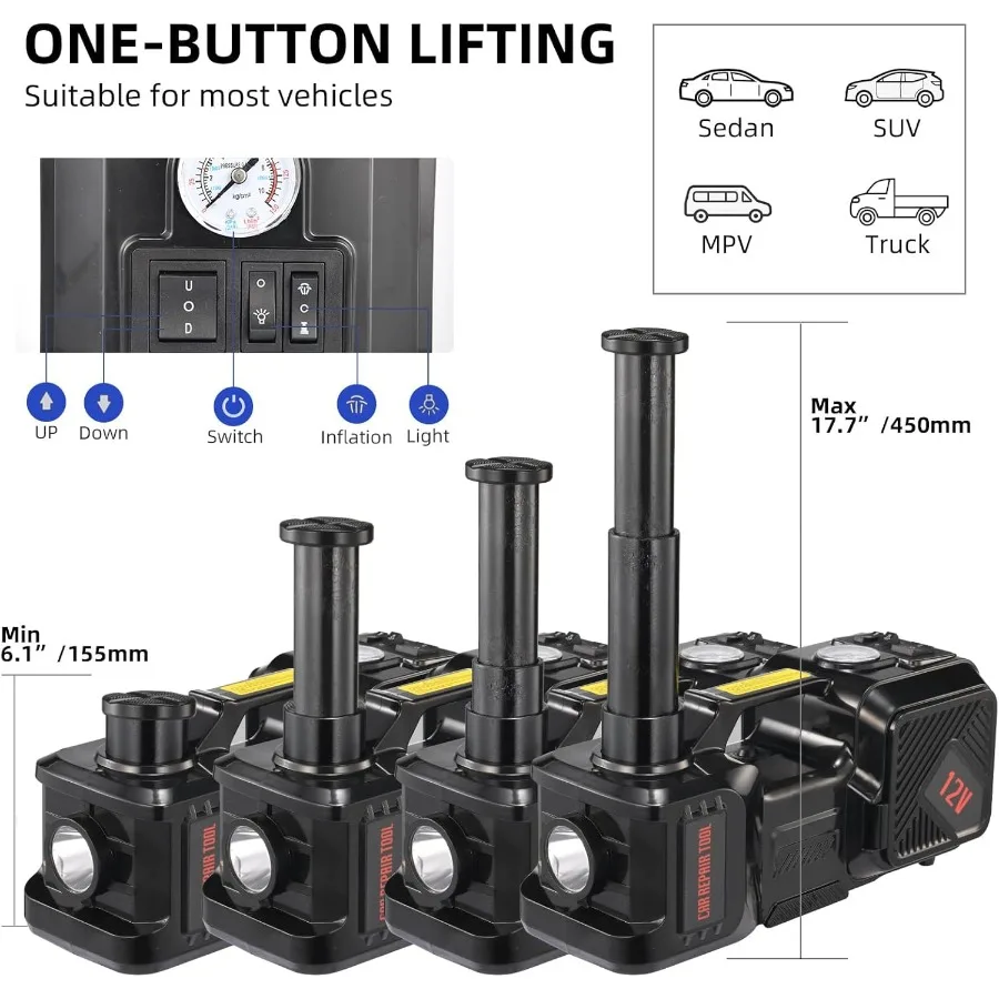 5 Ton Electric Car Floor Jack Kit with 12V Inflator Pump and LED Light for SUV MPV Sedan Portable Hydraulic Jack with Lifting H