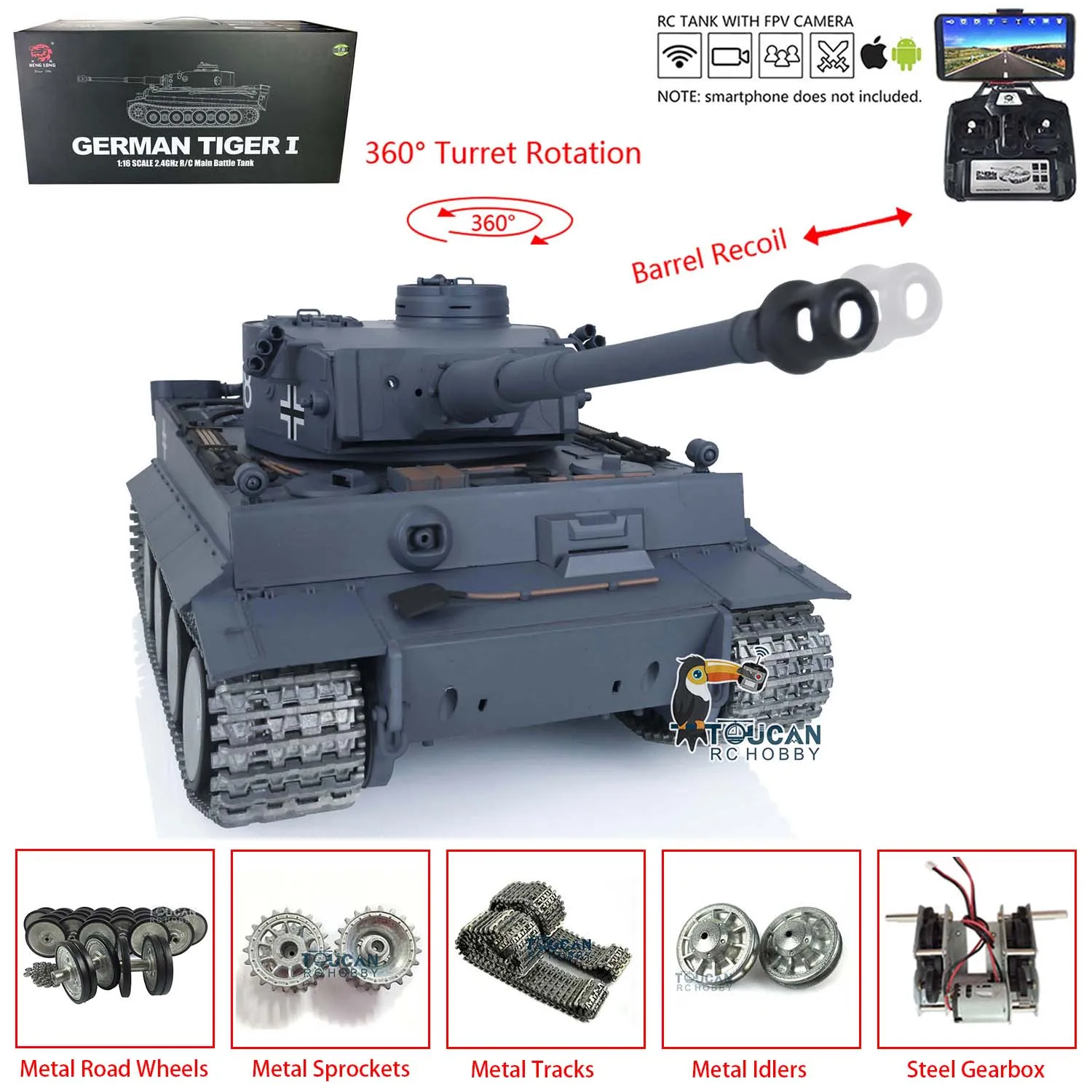 Heng Long 1/16 RC Tank Tiger I 7.0 Ready to Run Model Radio Control Tank 3818 FPV Camera Barrel Recoil Metal Wheels Cars TH17245