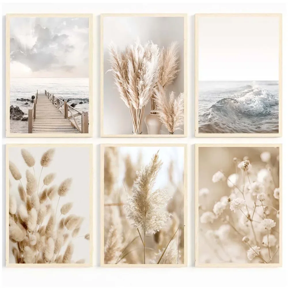 Sea Lake Bridge Canvas Painting Autumn Scenery Beach Poster Beige Leaf Reed Wall Art Print Nordic Wall Pictures Home Decor
