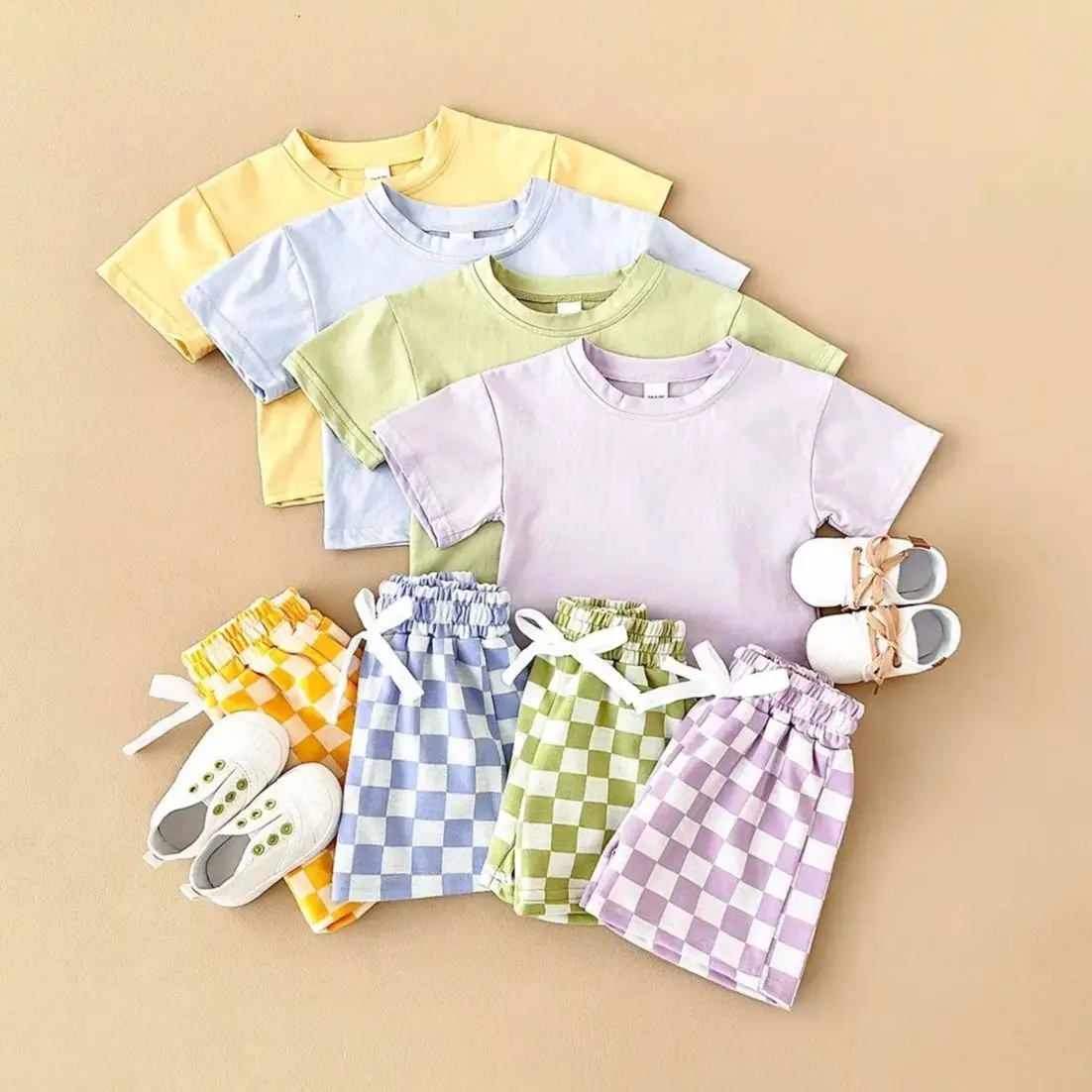 2PCS Kids Clothes Baby Boys Girls Solid Color Short Sleeve T-shirt Plaid Pattern Shorts Sets Baby Clothing Sets 0-3Y