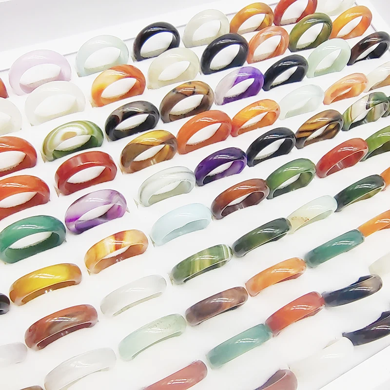 20pcs/50pcs/Lot Wholesale New Natural Veins Agate Stone Finger Rings for Women Hot Mix Colors Jewelry Fashion Wedding Joint Ring