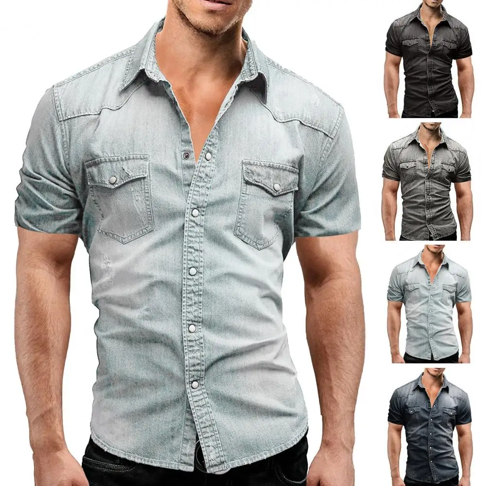 

Stylish Office Shirt Buttons Placket Turn-down Collar Slim Fit Denim Men Shirt Fine Sewn Men Shirt Streetwear