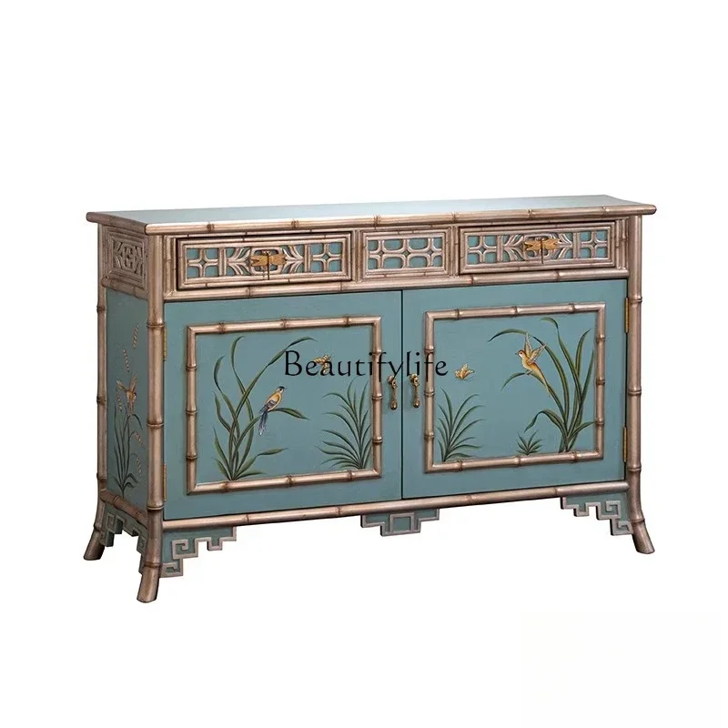 

ls 27French side cabinet retro cyan hand-painted flower and bird painting double door porch chest