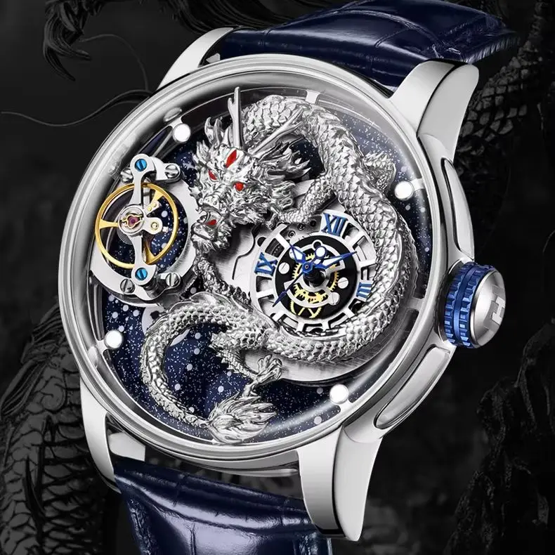 HANBORO Men Automatic Watch 45.5mm Mechanical Wristwatch 5ATM Rotatable Luminous Backgroud 3D Carved Dragon Dial