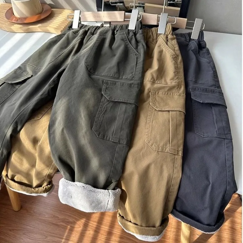 Winter Kids Solid Fleece Warm Cargo Pant Boy Ankle-Length Sweatpant Autumn Girl Straight Sporty Trousers 3+y Young Child Clothes