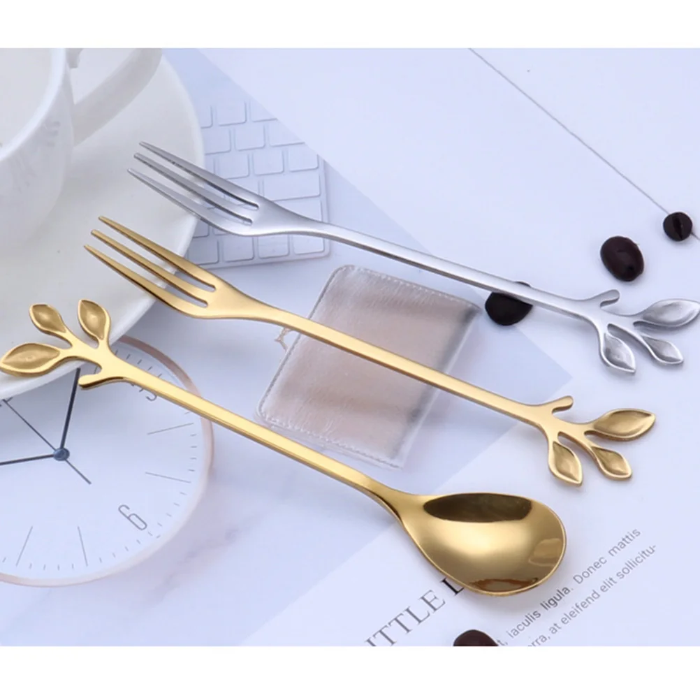 

2Pcs Leaf Shape Stainless Steel Dessert Spoon Coffee Stirring Ice Cream Salad Fork Easy Clean Mirror Finish NonSlip Handle