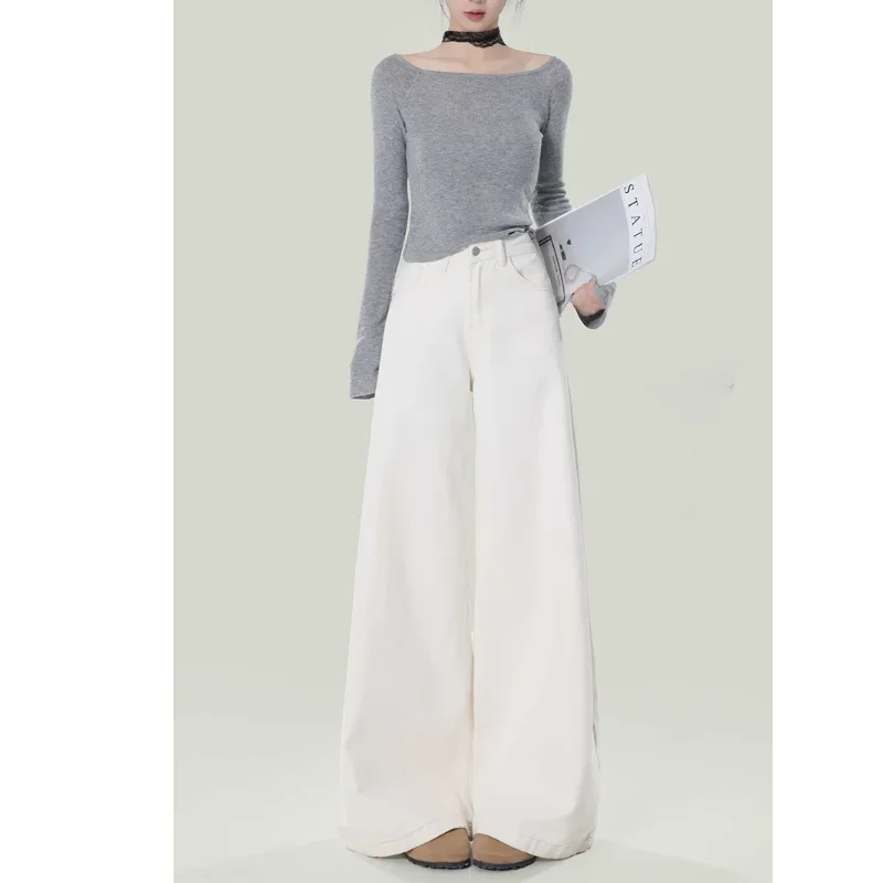 

White Wide-leg Loose Jeans for Women in Autumn New Casual Slim High-waisted Stretchy Straight Pants