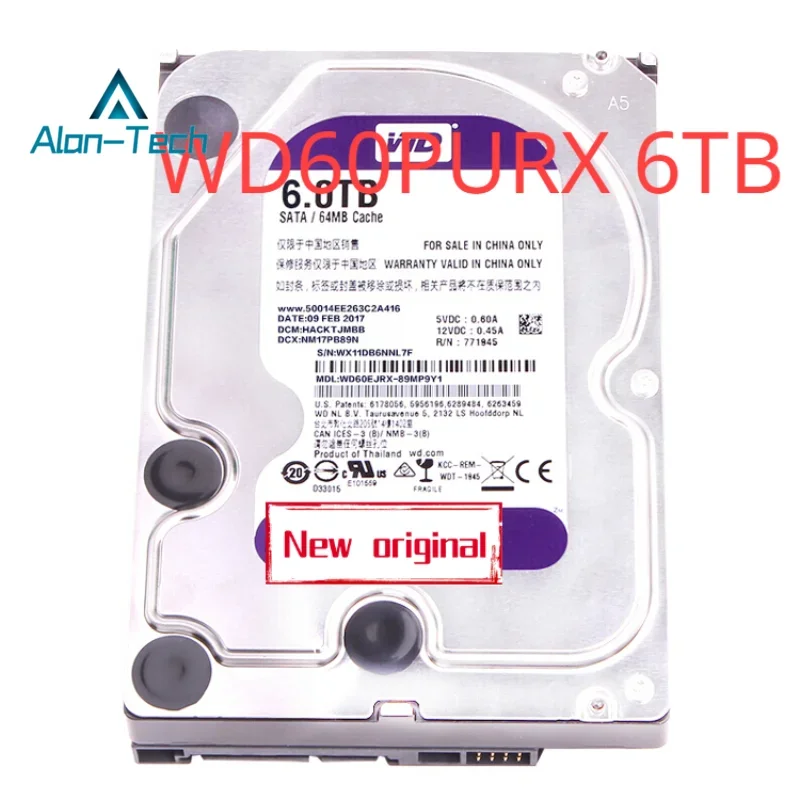 For W-D WD60PURX 6TB Disco Duro Hard Disk Drive Purple HDD Festplatte Disco Rigido Security DVR NVR 3.5 Inch Hard Disk